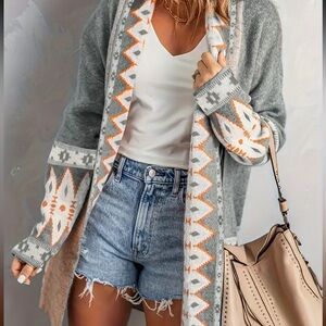 Plus Size Boho Geometric Print Long Sleeve Open Front Cardigan w/ Pockets